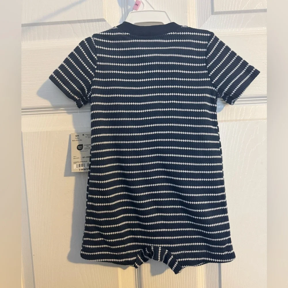 Okie Dokie Baby Boys Short Sleeve Blue White Striped Romper 9m NWT
